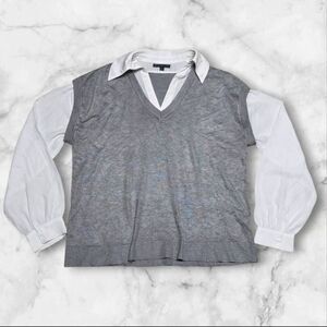 Adrianna Papell Medium Long Sleeve Gray & White Collared Shirt